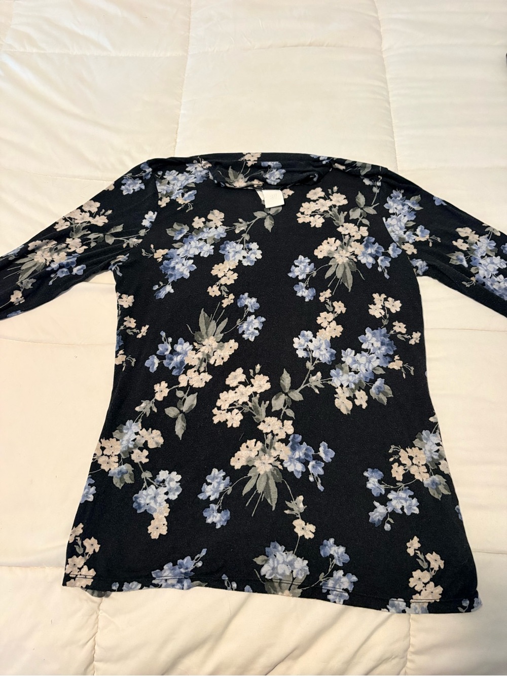 H&M Black Long Sleeve Top with Blue & Cream Floral Print